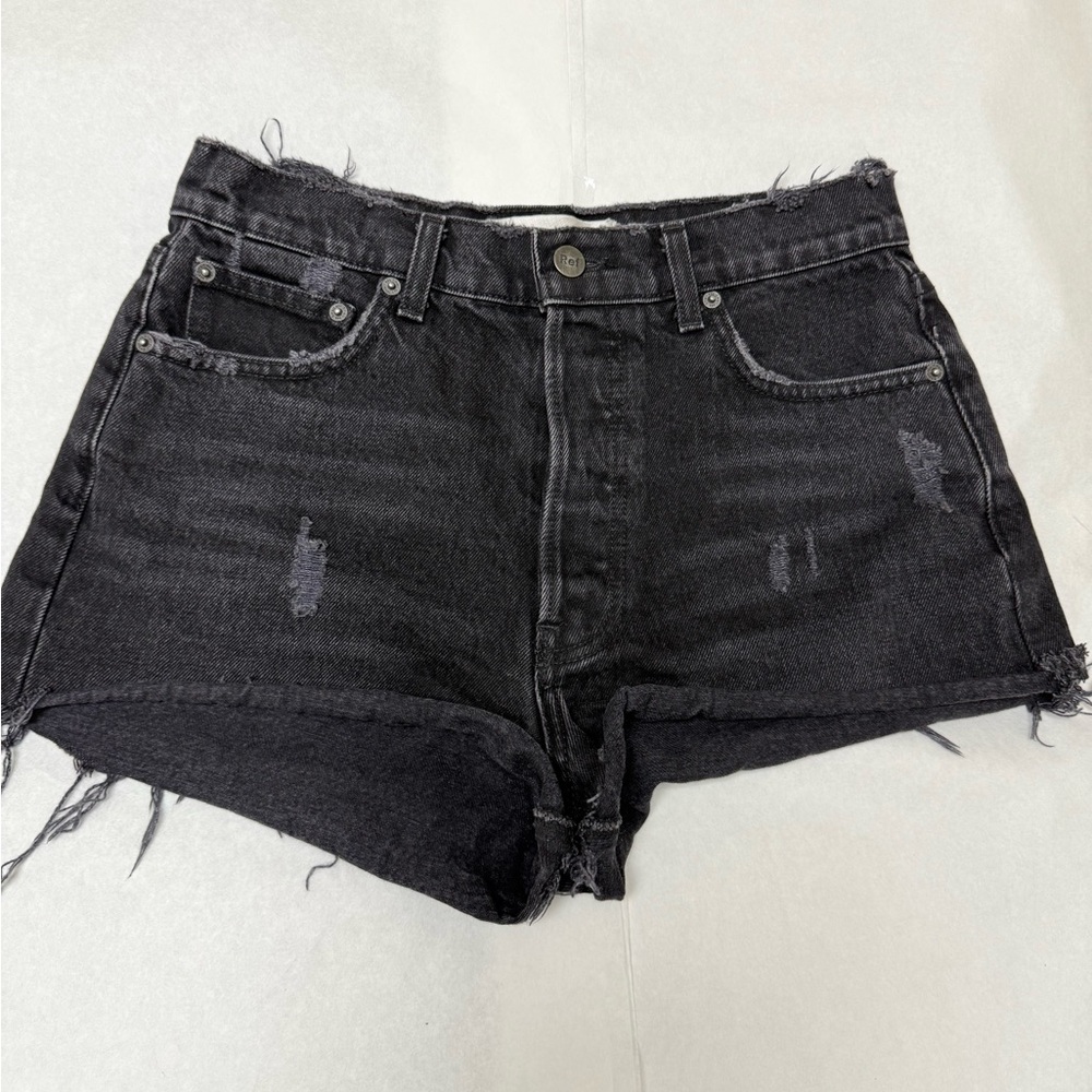 Reformation Black Dixie High Waist Cutoff Denim Shorts Distressed Cheek View 2